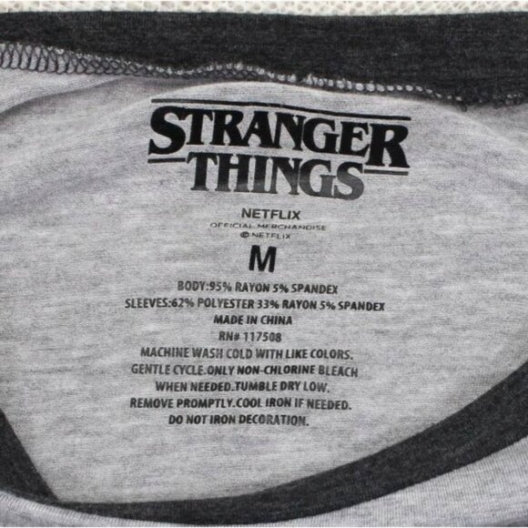 Stranger Things Raglan Sleeve Baseball Tee With "The Upside Down" Graphic Gray/B - Picture 4 of 6
